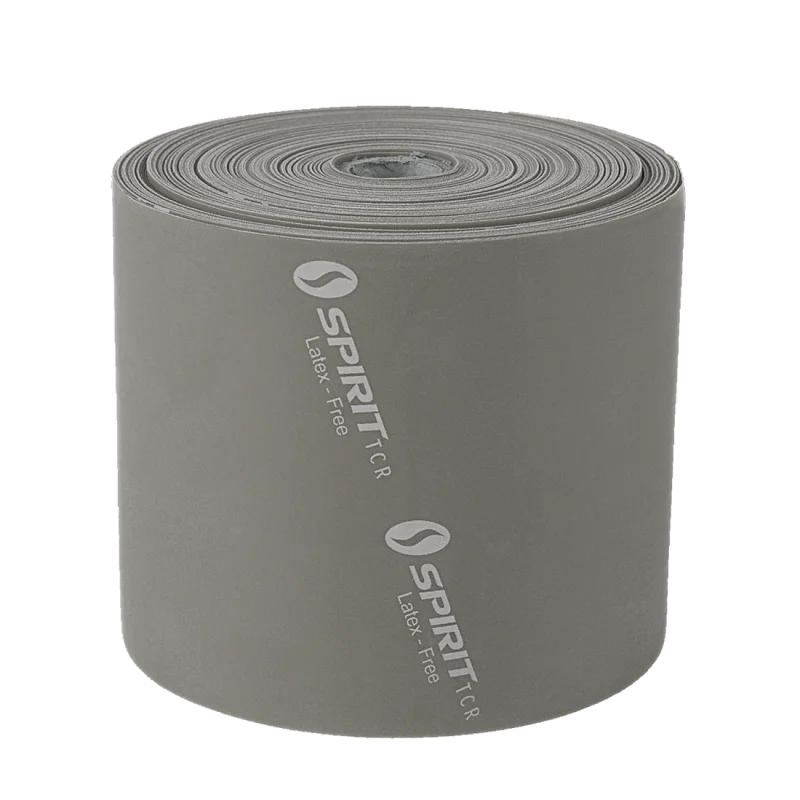 Spirit Fitnessband 22,5 kg resistance expander roll, 22.8 meters long, latex-free, grey color, with "SPIRIT TCR Latex-Free" branding visible, ideal for all fitness levels and strength training.