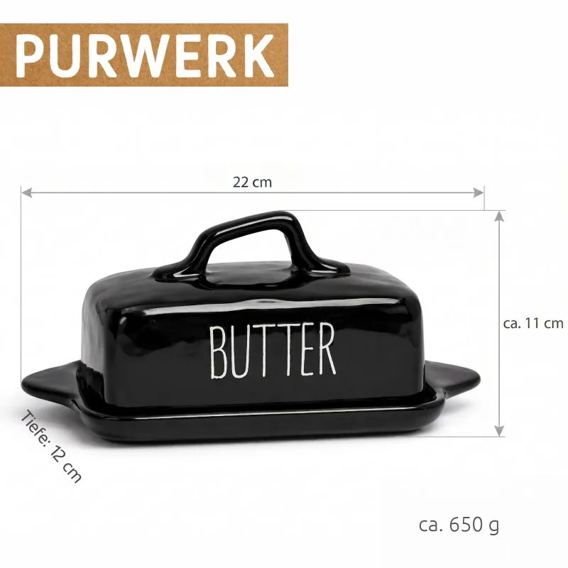 PURWERK Butterdose Schwarz Keramik mit Deckel – Hammerschlag-Design
