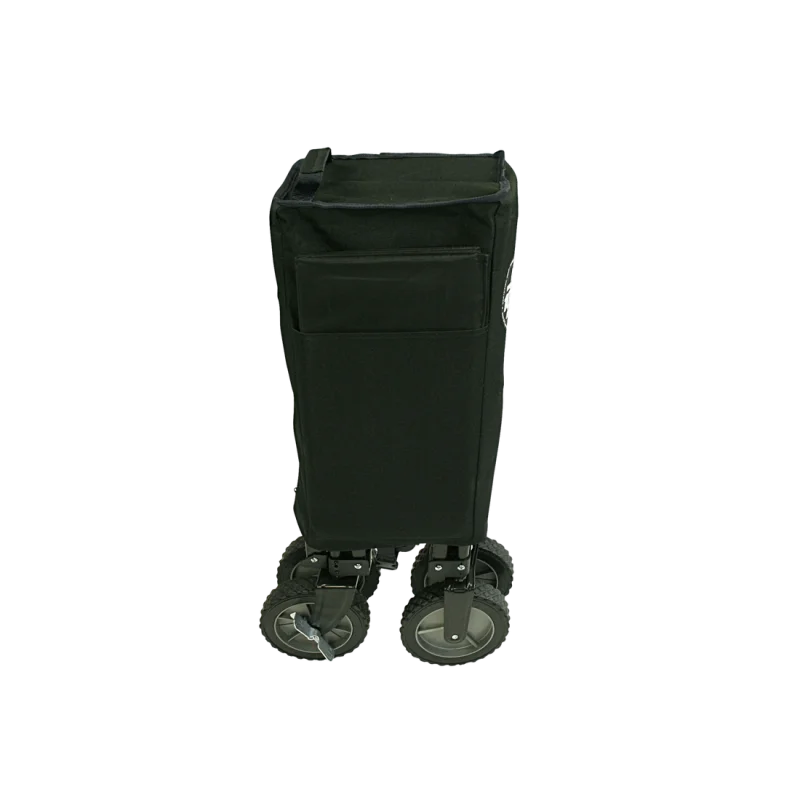 Chariot pliable 10T Foldy Trolley XL en position fermée, housse noire résistante, quatre roues robustes, idéal pour la plage, le parc ou les sorties en famille, facile à transporter et à ranger.