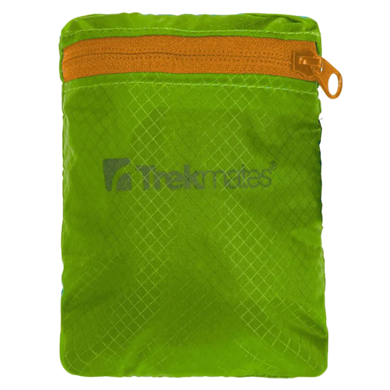 Trekmates Daypack 20L lightweight nylon daypack in bright green, shown packed in its small matching pouch with orange zipper; compact, durable, ideal for travel, hiking, and outdoor use.