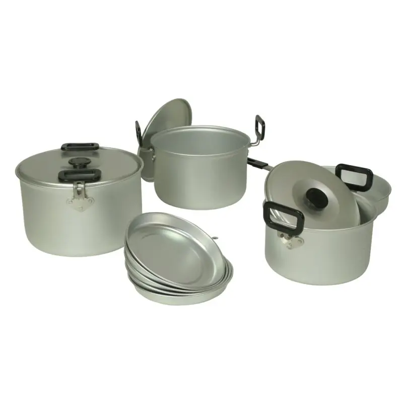 12-teiliges 10T Woodman V Camping Kochset aus Aluminium für 4–5 Personen mit drei Töpfen, Deckeln, stapelbaren Tellern und klappbaren Griffen, ideal für Outdoor und Camping.