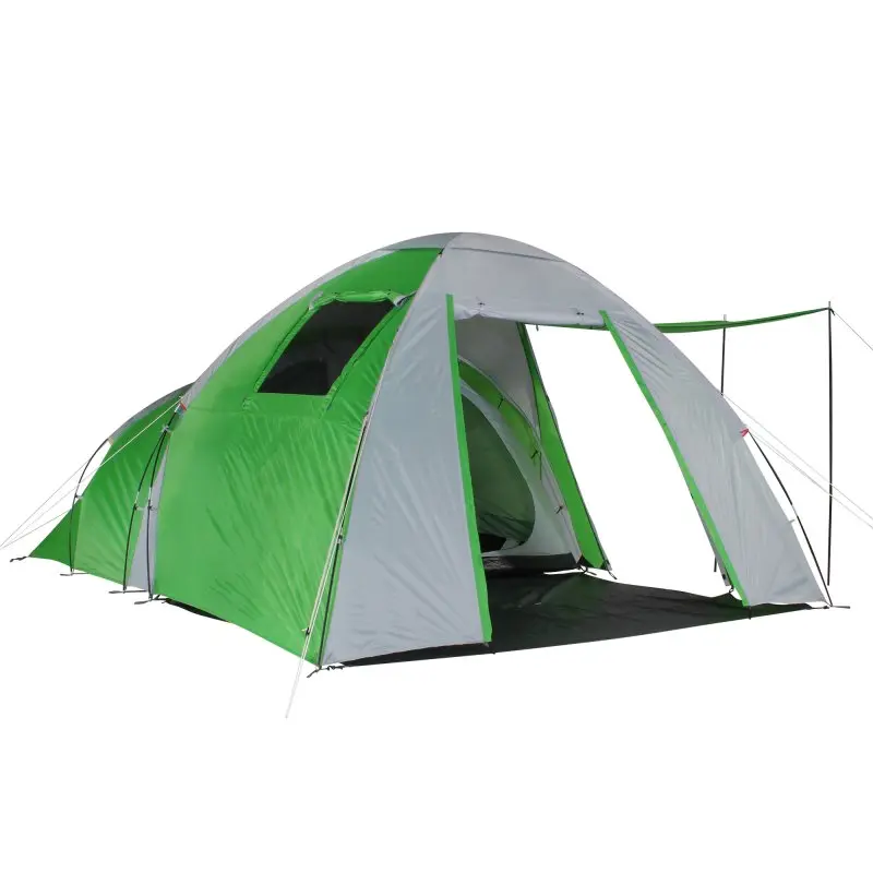 Tente Fridani DTG 5 personnes, forme coupole et tunnel, verte et grise, avec grand auvent, entrée spacieuse, fenêtre de ventilation, moustiquaire, hauteur debout, imperméable 3000mm, idéale pour le camping familial.