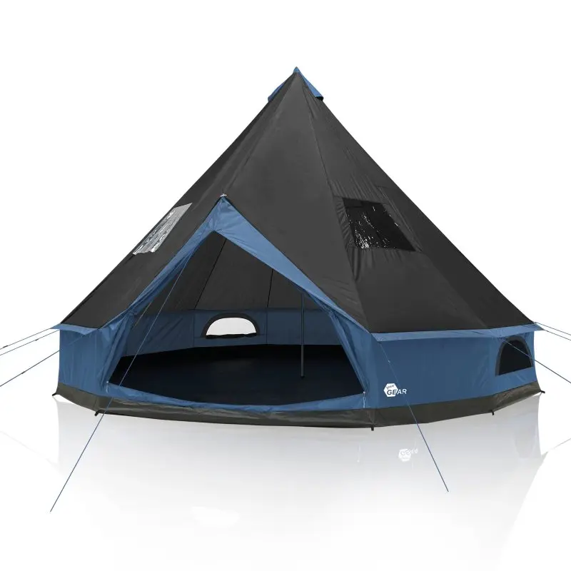 Großes your GEAR Ravello 400 Tipizelt für 4–6 Personen, Rundzelt mit Stehhöhe, wannenförmigem Boden, Insektenschutz, wasserdicht, blau-schwarz, mit großen Fenstern und breitem Eingang für Familien.