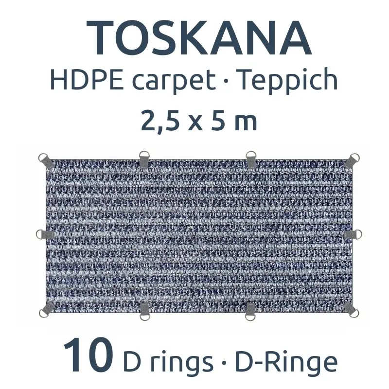 Vorzeltteppich your GEAR Toskana 250x500 cm aus HDPE, graublaues Design, wetterfest, mit 10 D-Ringen zur Befestigung, rechteckig, atmungsaktiv und schimmelresistent, ideal für Camping.