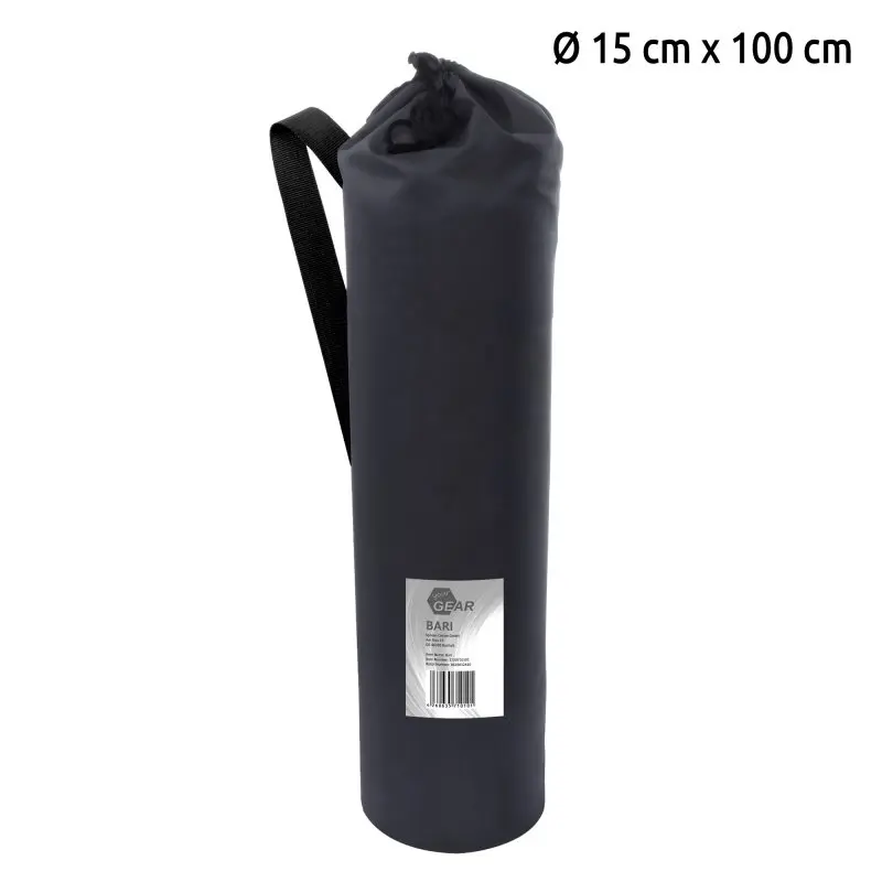 Sacca da trasporto nera yourGEAR per sedia da campeggio Bari XXL, dimensioni 15 cm x 100 cm, con tracolla e chiusura a cordoncino, etichetta frontale visibile.
