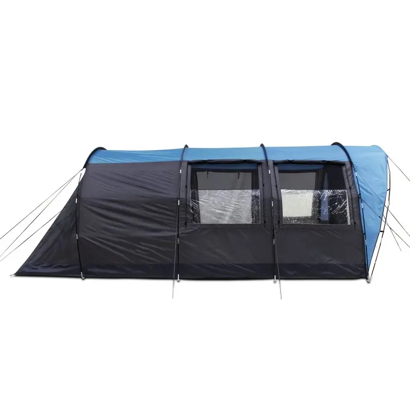 Tente tunnel familiale your GEAR Bora 5 personnes, grande hauteur sous plafond, couleur bleu et noir, trois grandes fenêtres, auvent, sol cuvette, matériau imperméable 5000mm, idéale pour le camping en groupe.