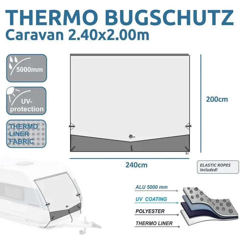 Thermo bug protection cover for caravan, 240x200 cm, with aluminum layer, UV protection, waterproof 5000 mm, breathable thermo liner, shown mounted on caravan front; elastic ropes included.