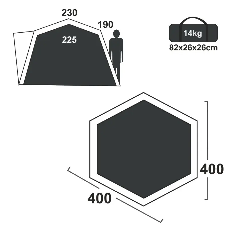 Skizze des your GEAR Ponza 400 Festivalzelts: sechseckige Grundfläche 4x4 Meter, Stehhöhe 1,90 m, Zeltbreite 2,3 m, Packmaß 82x26x26 cm, Gewicht 14 kg, ideal als Gruppenzelt oder Familienzelt.
