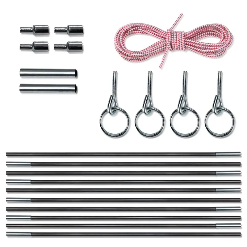 Kit de réparation your GEAR FRP 12,7 mm : tiges de tente en fibre de verre, cordon rouge, quatre embouts métalliques, quatre anneaux et deux manchons, idéal pour remplacer ou réparer des arceaux de tente.