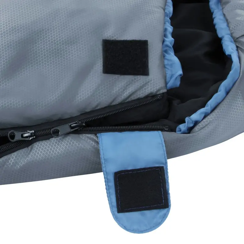 Détail du yourGEAR Ostria Duo : fermeture Éclair robuste, tissu bleu et gris à motif hexagonal, scratch de sécurité et doublure intérieure visible. Idéal pour deux personnes, adapté à l’été.