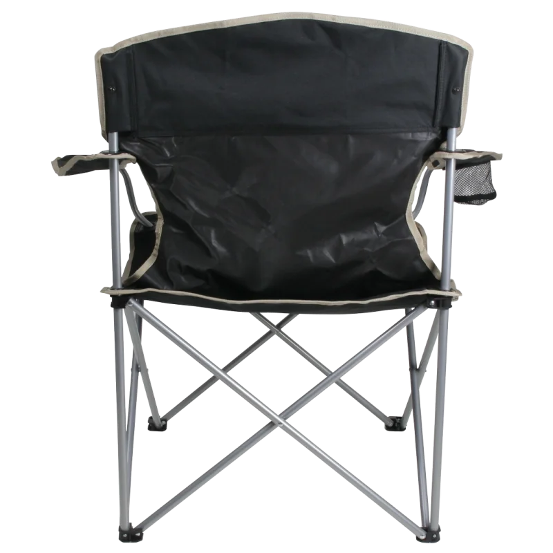 Sedia da campeggio pieghevole 10T Quickfold Easy, struttura in metallo, schienale e seduta in tessuto nero, braccioli con portabicchiere integrato, portata massima 120 kg, vista posteriore.
