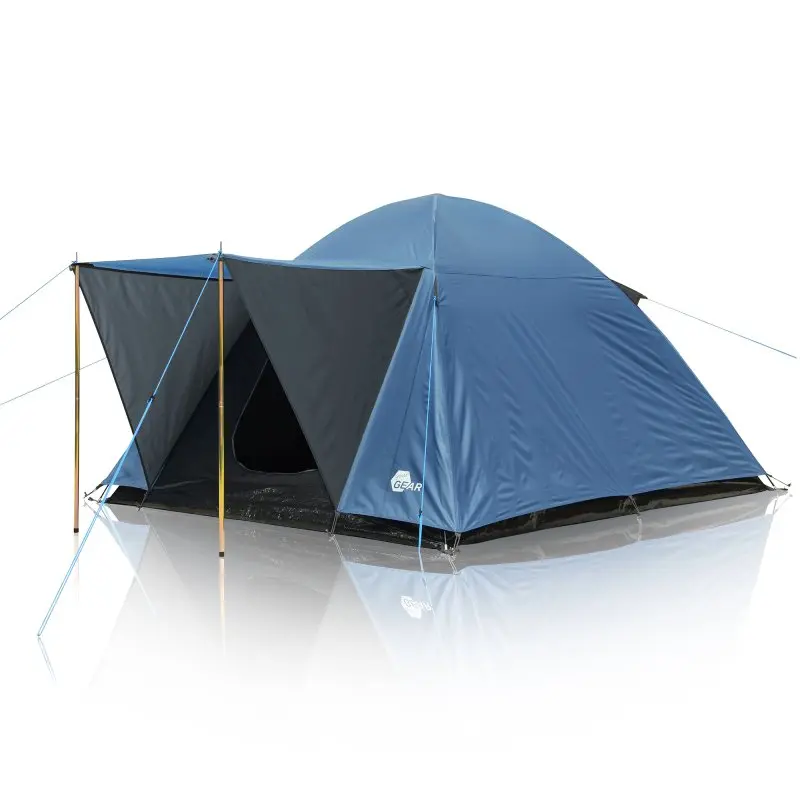 Tente dôme yourGEAR Bosa 3 personnes, bleu et gris, avec entrée protégée par auvent, ventilation, toile imperméable 3000mm, adaptée au camping, festivals et courts séjours, espace intérieur spacieux.