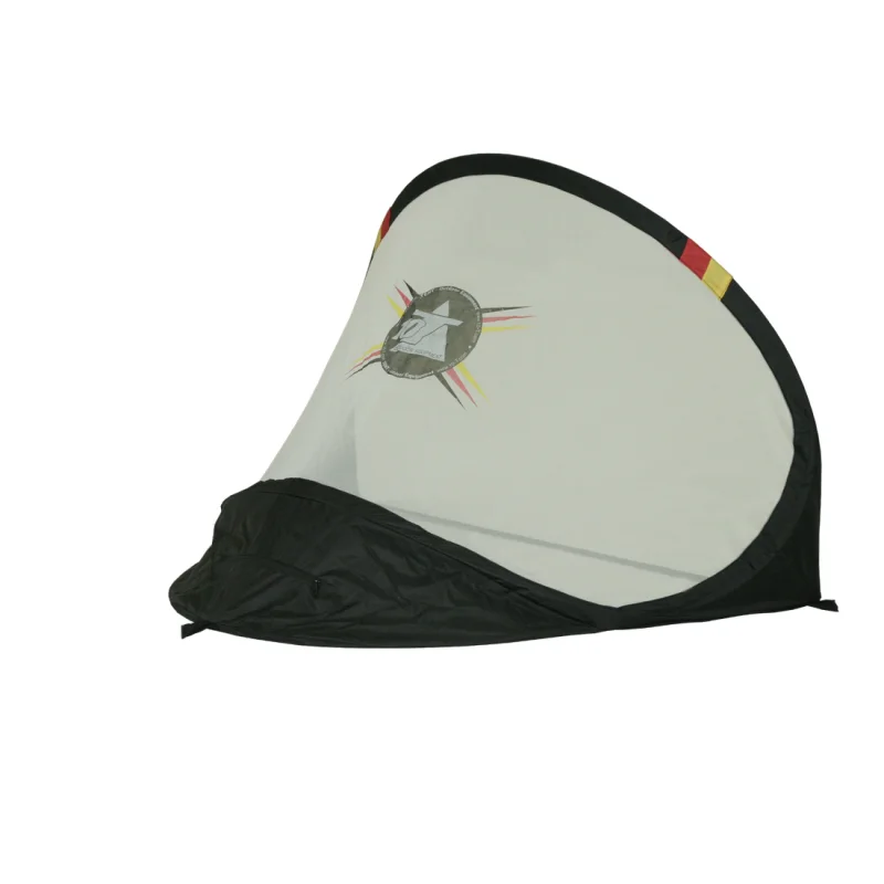 Pop-up soccer goal 120x90 cm by 10T, portable and self-erecting, black frame with German flag accents, white net with logo, ideal for outdoor use by football fans in garden, park, or on holiday.