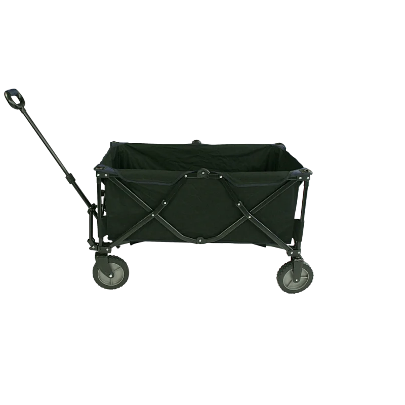 Chariot pliable 10T Foldy Trolley XL noir avec cadre robuste, grandes roues et poignée télescopique, idéal pour la plage ou le transport en extérieur. Structure métallique croisée et tissu résistant.