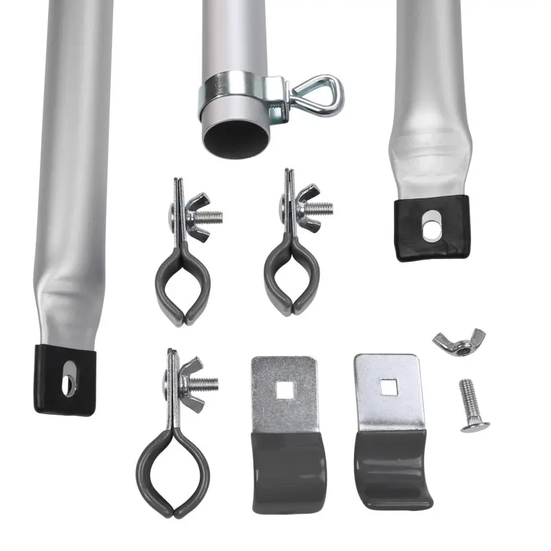 Aluminum telescopic veranda pole set for awning frames, including three-part adjustable pole with fixing screw, clamps, brackets, and screws. Suitable for stabilizing and securing awning structures.