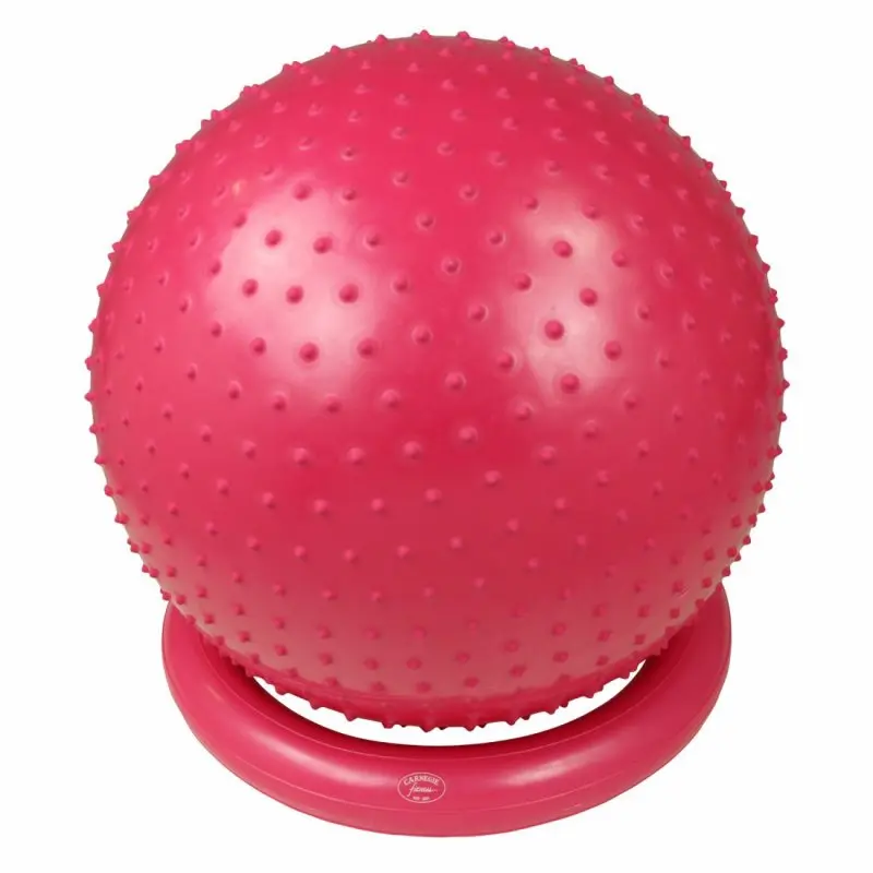Pink Carnegie massage ball with 65 cm diameter, covered in evenly spaced massage nodules, shown on a matching stabilizing ring base. Ideal for fitness, gymnastics, and self-massage exercises.
