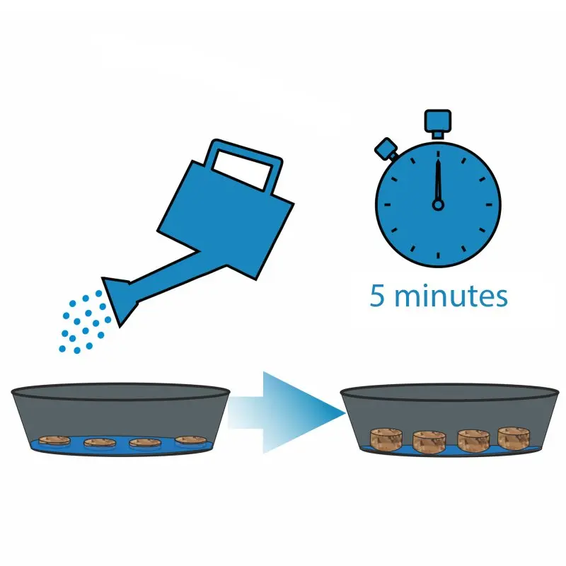 Illustration montrant l’utilisation de pastilles de coco yourGEAR : ajouter de l’eau, attendre 5 minutes, les pastilles gonflent dans un plateau. Idéal pour semis et culture, terreau coco biodégradable sans tourbe.