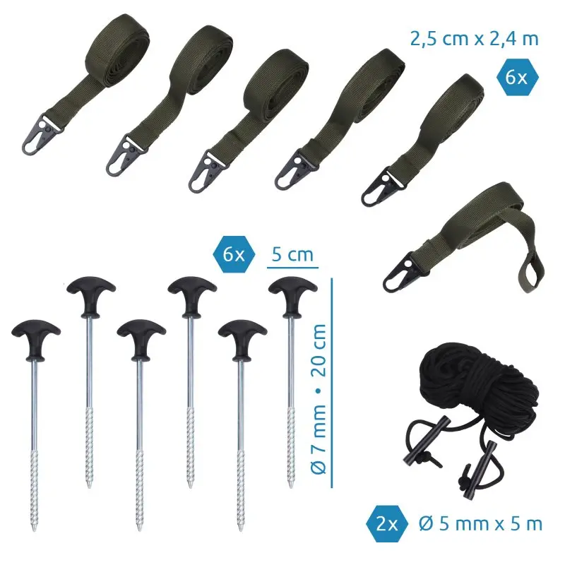 Accessoires pour yourGEAR Bushcraft Tarp : 6 sangles vertes avec mousquetons, 6 piquets métalliques à poignée noire (20 cm), 2 cordes noires (5 m), dimensions et quantités indiquées sur l’image.