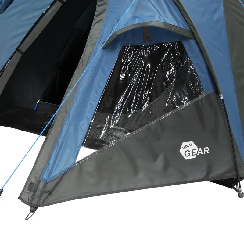 Tente dôme yourGEAR Matera 3 personnes en bleu et gris, avec porche, fenêtre transparente, ventilation, entrée large et tissu imperméable 3000 mm, logo yourGEAR visible sur le côté.