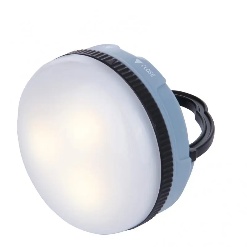 Blue 10T MCL 150 camping lamp with 150 lumens, round design, frosted cover, visible 3 LEDs, black grip ring, and integrated carabiner hook for easy attachment. Compact and lightweight outdoor light.