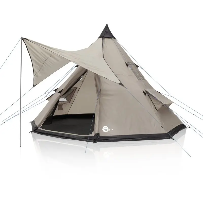 Tienda tipi your GEAR Numana 400 beige para 4-6 personas, con gran toldo frontal, suelo cosido, protección contra insectos y ventanas laterales, resistente al agua 5000 mm, ideal para familias y camping.