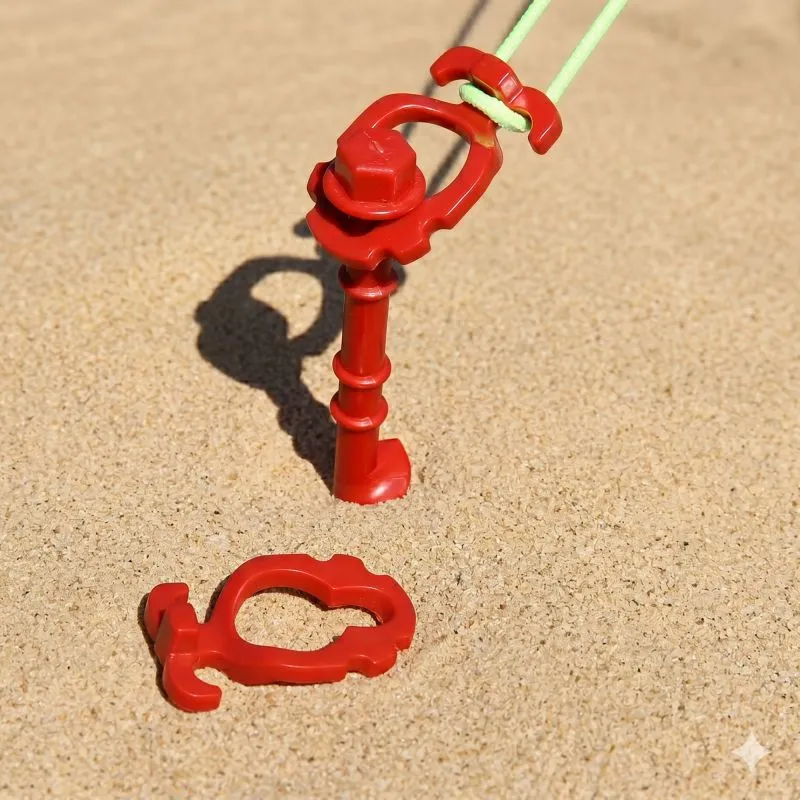 Hering vis en plastique rouge your GEAR planté dans du sable, cordon fluo accroché à l’anneau supérieur, filetage hélicoïdal et base large pour maintien dans sols mous et sablonneux (lot 6 XXL, 31 cm).