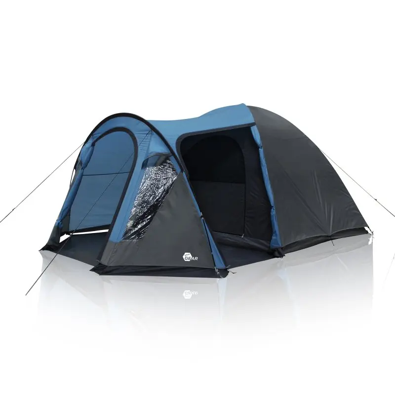 Blau-graues your GEAR Kuppelzelt Tivano für 5 Personen mit großem Vorbau, Seiteneingang, Fenster und Stehhöhe; geräumiger Wohnraum, wasserdicht, geeignet als Familienzelt für Camping oder Festivals.
