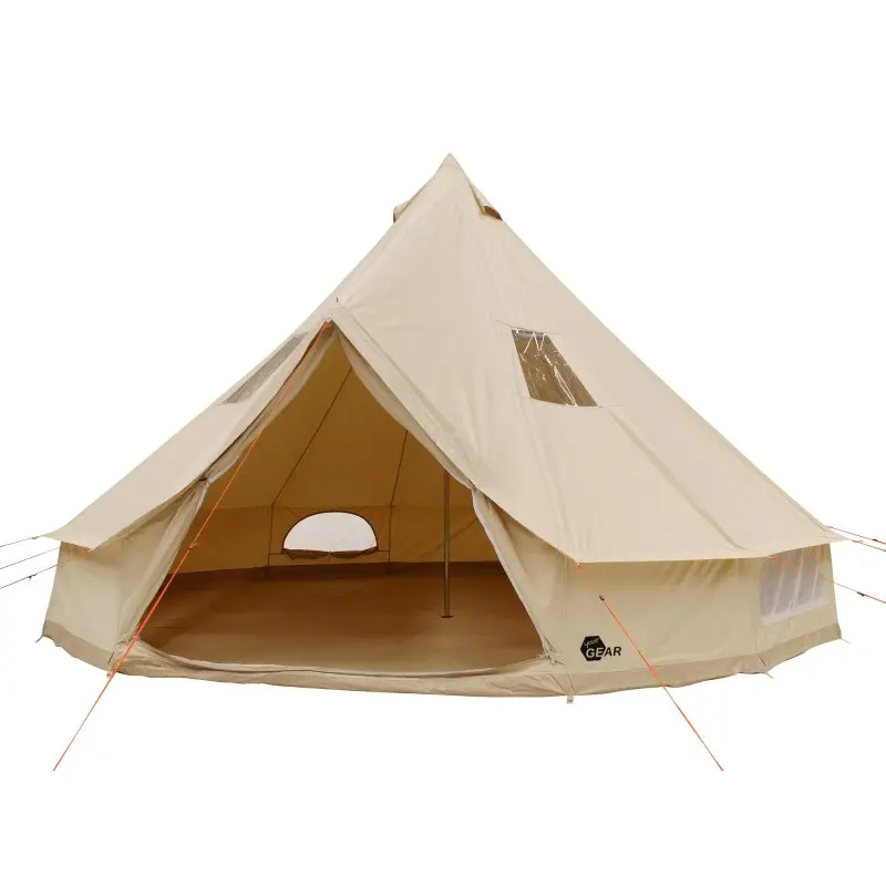 Zelt your GEAR Desert 8 Pro UV50+, großes Tipi-Familienzelt aus beigem Baumwoll-Mischgewebe mit Fenstern, wannenförmigem Boden, Moskitonetz und Schlafkabine, geeignet für 4–8 Personen.