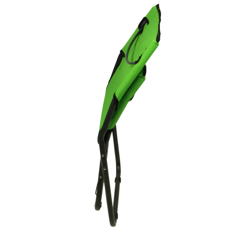 Green Fridani BCG XL folding beach chair with black frame, breathable fabric, and carrying handle, shown in a compact, folded position for easy transport. Ideal for camping, garden, or outdoor use.