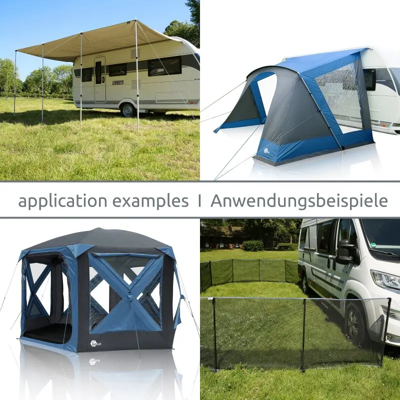 Exemples d’utilisation du your GEAR Storm Webbing Set : fixation de sangles grises robustes avec mousqueton sur auvent de caravane, tente, pare-vent et clôture, adaptées au camping et à l’extérieur.