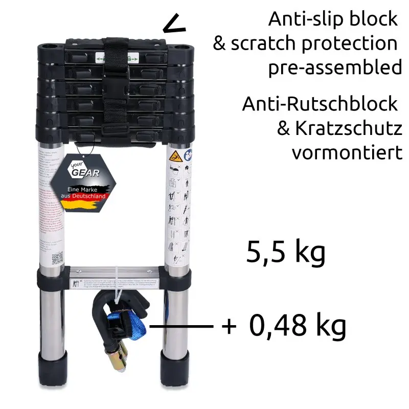 Scala telescopica your GEAR Pescara 2 m in acciaio, piegata, con blocco antiscivolo e protezione antigraffio premontati, gancio e cinghia inclusi, peso 5,5 kg più accessori 0,48 kg, design compatto.