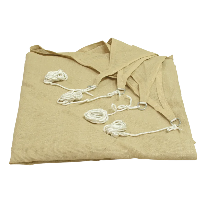 Beige 10T Patterson square tarp 5x5m with attached metal rings and white guy lines, weather-resistant and breathable, offering 90% UV protection, ideal as a sunshade for garden, patio, balcony or camping.
