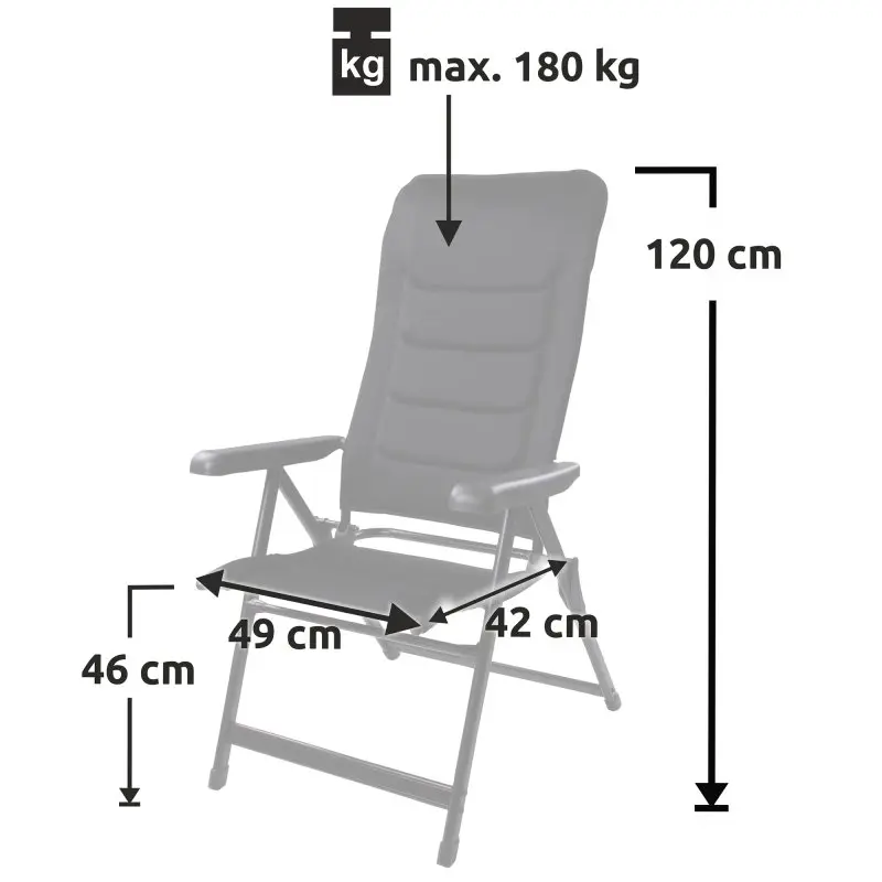 Sedia da giardino your GEAR Sovana 3D XXL con schienale alto, struttura in alluminio, rivestimento in mesh, regolabile in 6 posizioni, dimensioni 120x49x46x42 cm, portata massima 180 kg.