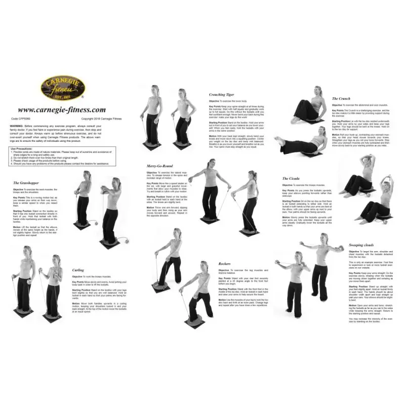 Carnegie IsoDisc Balance Pilates Board mit Expander Tubes und Gewichtsbällen, abgebildet mit verschiedenen Übungsanleitungen und einer Frau, die auf dem Therapiekreisel verschiedene Fitnessübungen demonstriert.