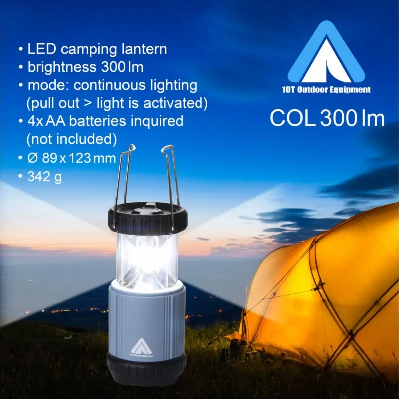 Blue 10T COL 300 camping lantern with 300 lumens brightness, COB LED, collapsible design, metal handles, black top, and ABS body, shown illuminated next to a yellow tent at dusk.