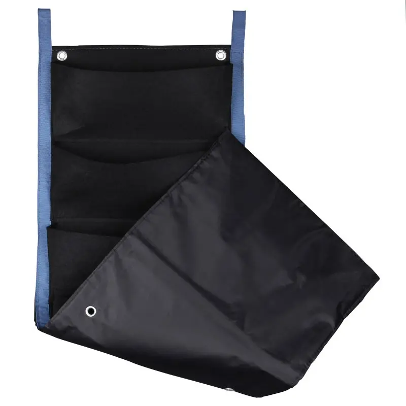 Sac de culture mural yourGEAR Growbag avec 7 poches, en tissu non-tissé noir, bords bleus, œillets métalliques pour fixation, idéal pour jardin vertical et culture de plantes ou herbes sur mur ou clôture.