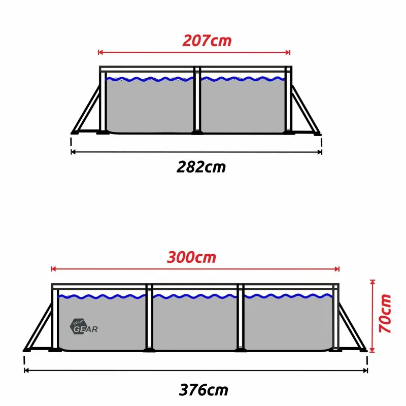Schéma du yourGEAR piscine familiale rectangulaire, 300x200x70 cm, cadre en acier, avec dimensions détaillées et logo sur la paroi, adapté pour jardin ou terrasse, idéal pour enfants et adultes.