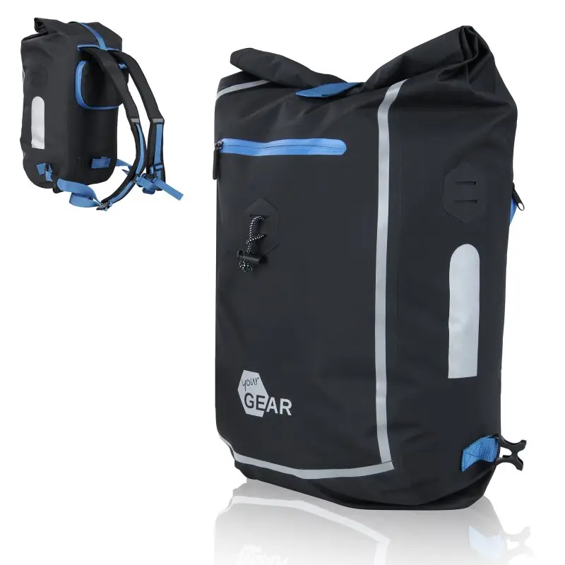 Sac yourGEAR Comano 23L noir, 3-en-1 : sacoche vélo, sac à dos et sacoche ordinateur, imperméable, détails bleus et bandes réfléchissantes, poche frontale zippée, bretelles réglables.