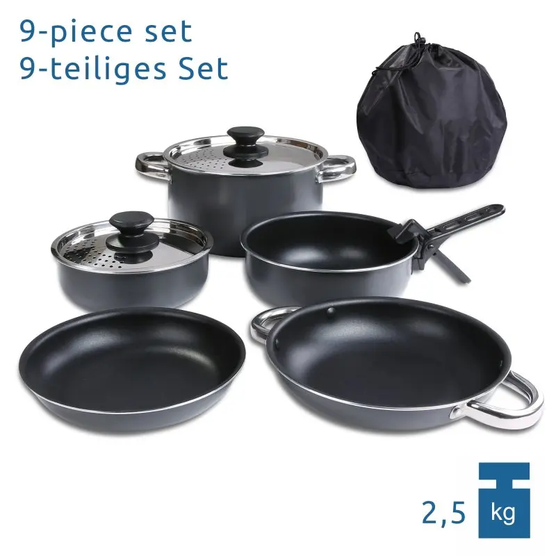 your GEAR Ranger Family - Topf Pfannen Set 6 Mann 9 tlg. Camping Kochset Kochgeschirr im Netzbeutel