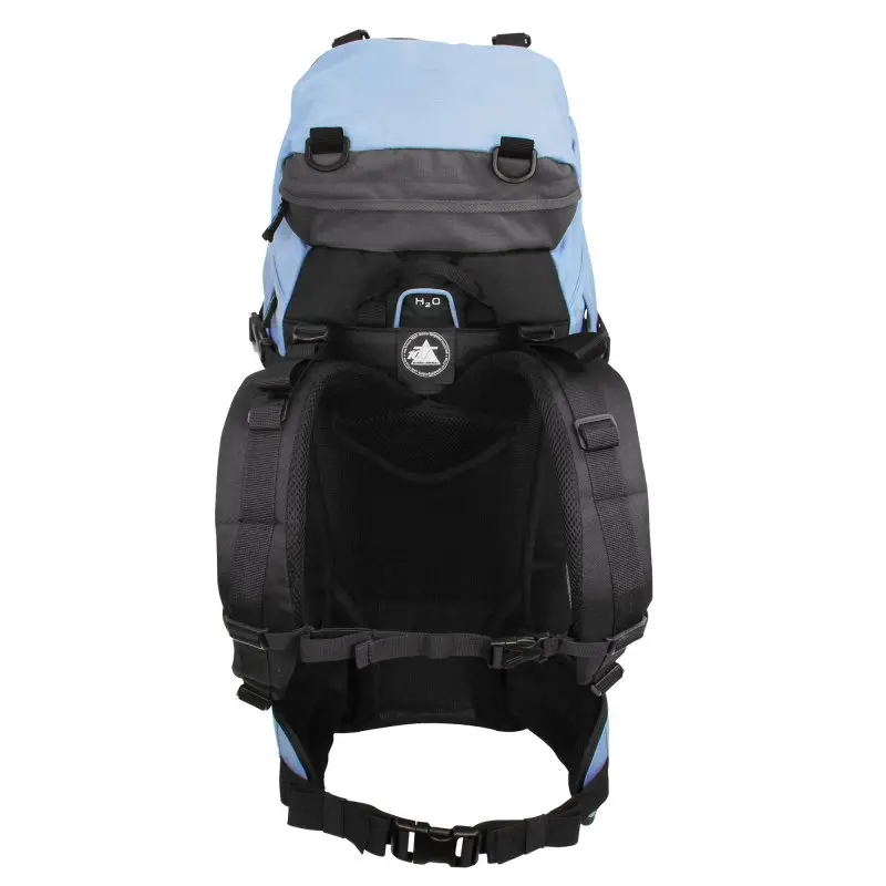 Sac à dos de randonnée 10T Clarke 45L bleu et noir, avec sangles rembourrées, ceinture ventrale, système de portage aéré, ouverture pour système d’hydratation et boucles de fixation.