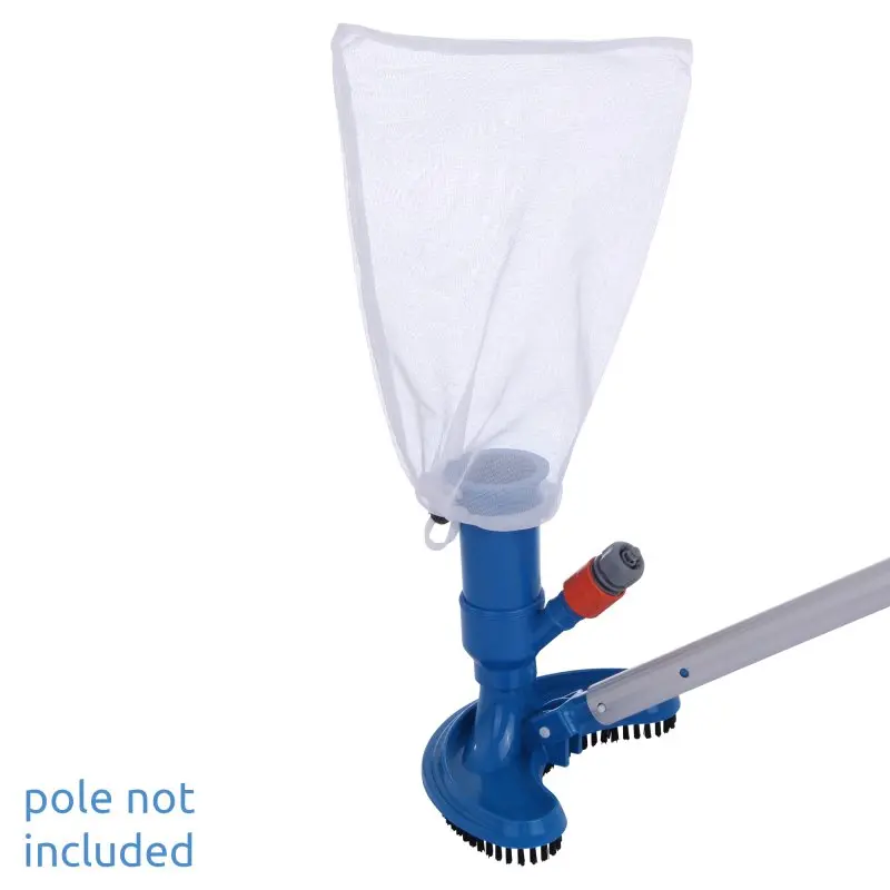 yourGEAR Pool Venturi vacuum JV-C with blue ABS body, black nylon brushes, white debris collection bag, and garden hose connector; shown without pole. Ideal for cleaning pool floors.