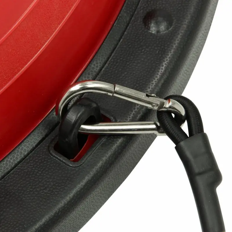 Close-up of the Carnegie Balance Ball Balance Board showing the attachment point of a resistance band with a metal carabiner on the textured black and red surface. Ideal for fitness and strength training.