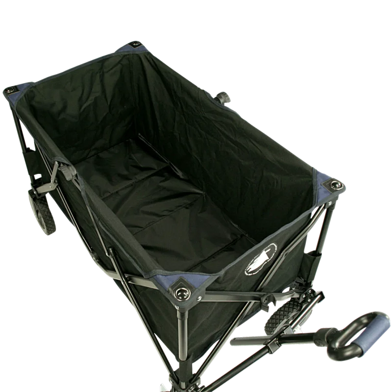 Chariot pliable 10T Foldy Trolley XL noir, structure métallique robuste, grandes roues tout-terrain, poignée ergonomique, tissu résistant aux intempéries, idéal pour plage, parc ou sorties familiales.
