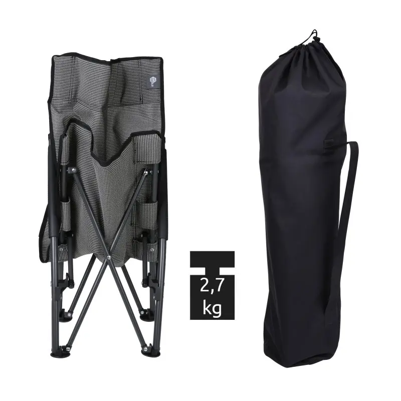 Chaise de plage your GEAR Olbia pliée en tissu textilène, structure noire stable, poids 2,7 kg, livrée avec sac de transport noir à bandoulière, idéale camping, jardin ou plage.