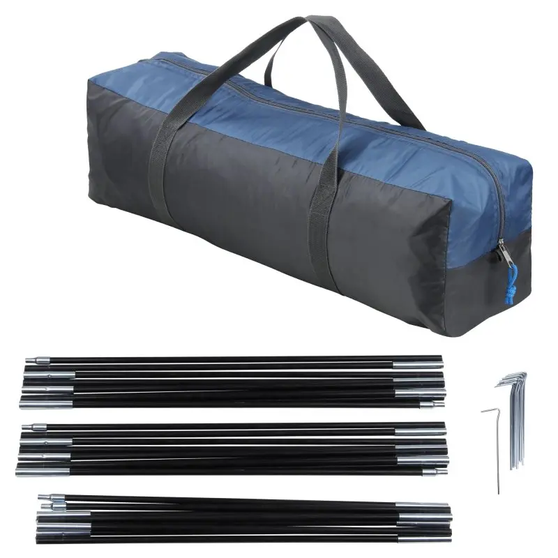 Tragetasche in Blau-Grau für yourGEAR Zelt Posada 4, daneben Zeltgestänge und Heringe, kompakt verpackt, ideal für Camping, 4 Personen Kuppelzelt, Zubehör für einfachen Transport und schnellen Aufbau.