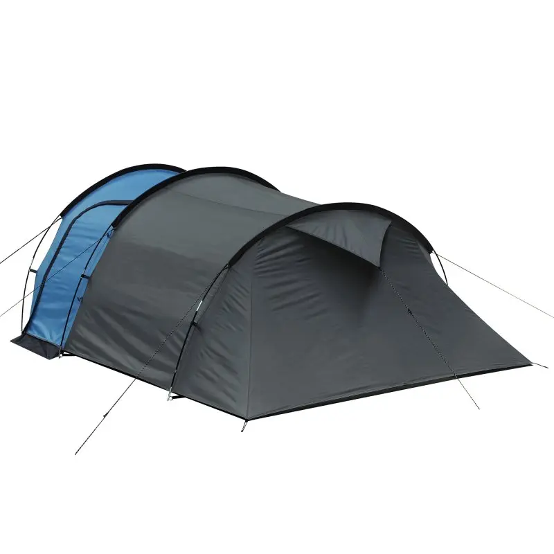 your GEAR Sopero 4-person tunnel tent, waterproof 5000 mm, with large vestibule, blue side entrance, windows, and sturdy guy lines, ideal for camping, trekking, and festivals.
