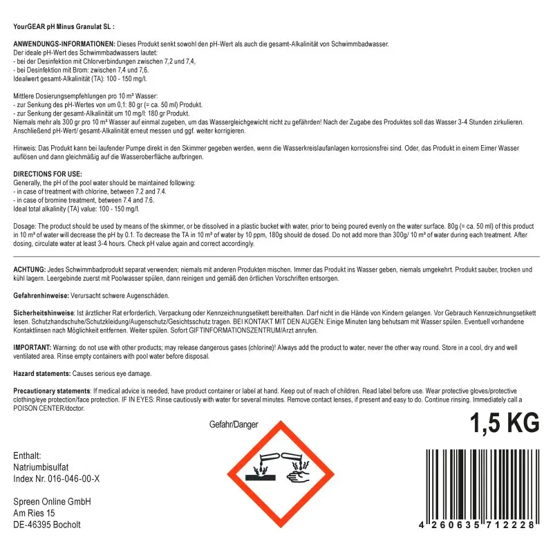 yourGEAR 1.5 kg pH Minus Granulate SL, white pool chemical in sealed packaging with safety instructions, hazard symbol, barcode, and detailed usage and dosage information for pool water pH reduction.