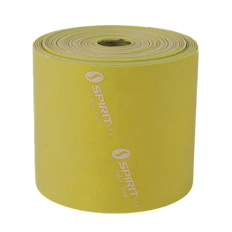 Yellow Spirit Fitnessband 9 kg resistance latex-free gym band, 22.8 meter roll, suitable for strength and rehabilitation exercises. Visible Spirit TCR branding and "Latex-Free" printed on the band.