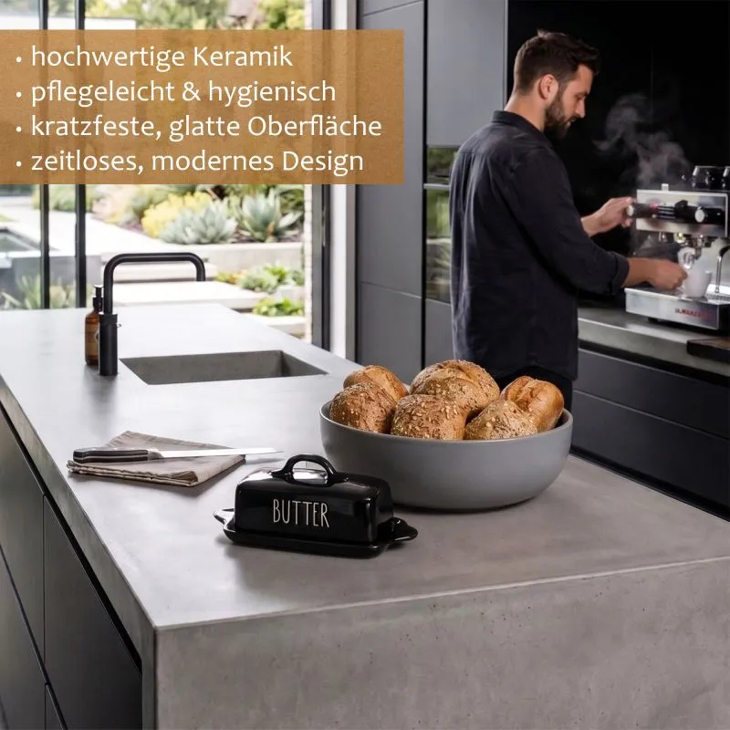 PURWERK Butterdose Schwarz Keramik mit Deckel – Hammerschlag-Design