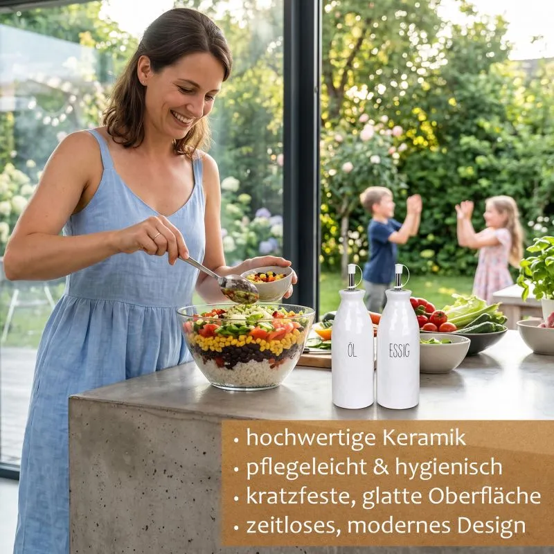 PURWERK Essig und Öl Set Weiß Keramik mit Ausgießer – Hammerschlag-Design